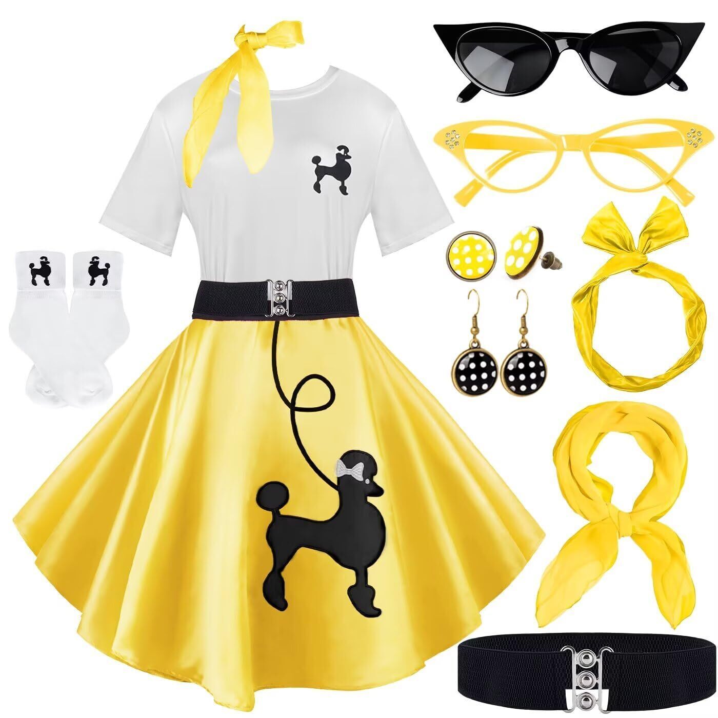 5557 10pcs Sock Hop Outfits Costume Women, 1950s Poodle Skirts,